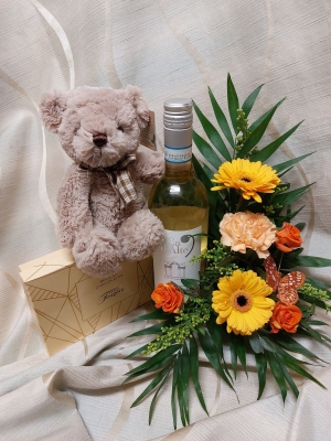 White Wine & Flowers with Chocolates & Teddy